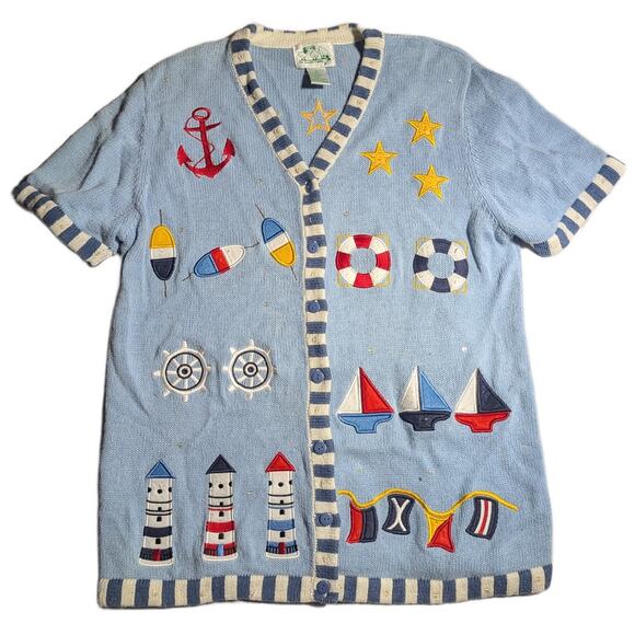 Vtg 1990s Quacker Factory Blue Knit Nautical Applique Short Sleeve Cardigan Sz M - Picture 1 of 3